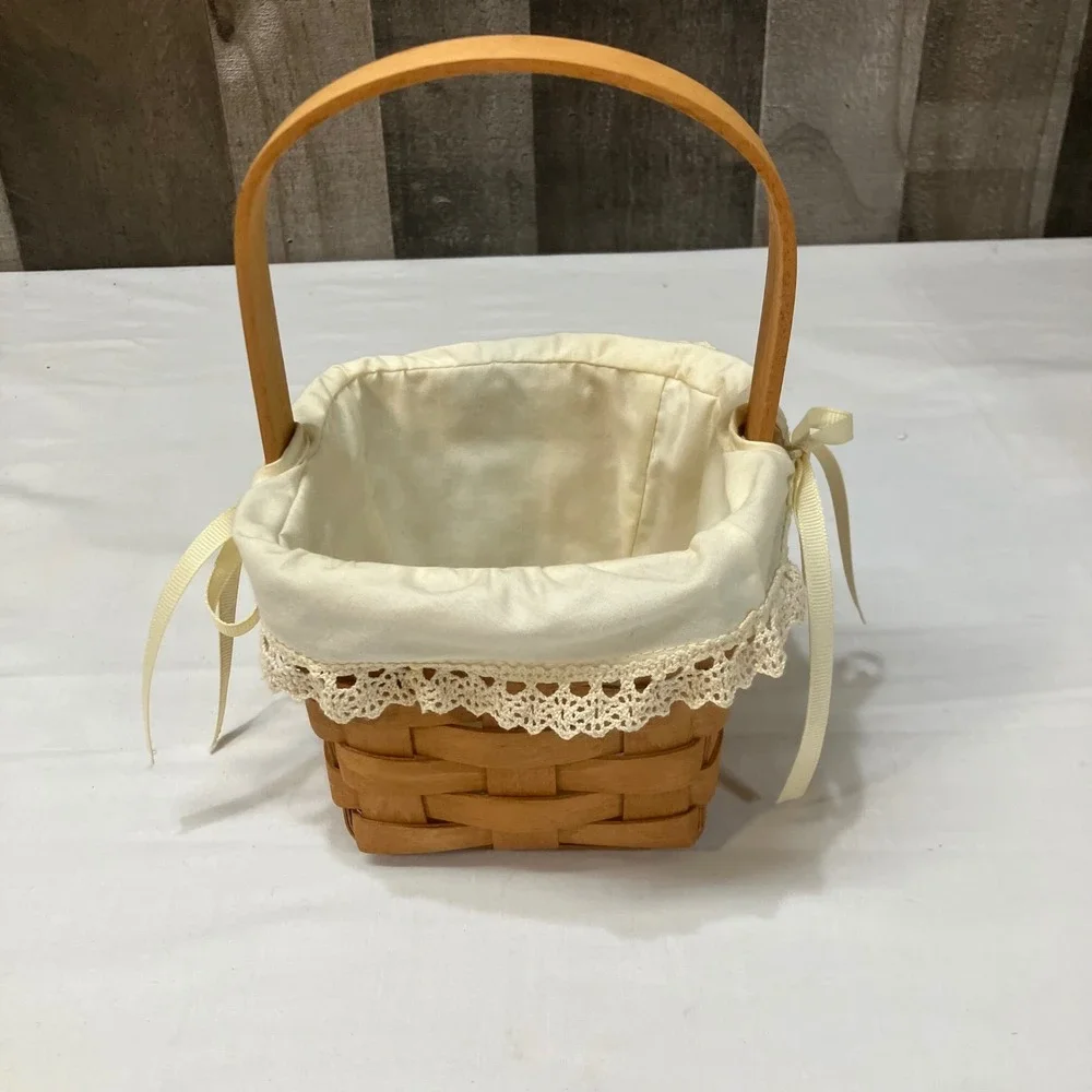 Longaberger 1993 Small Peg Basket 11452 Handwoven Wood Lace Liner & Protector